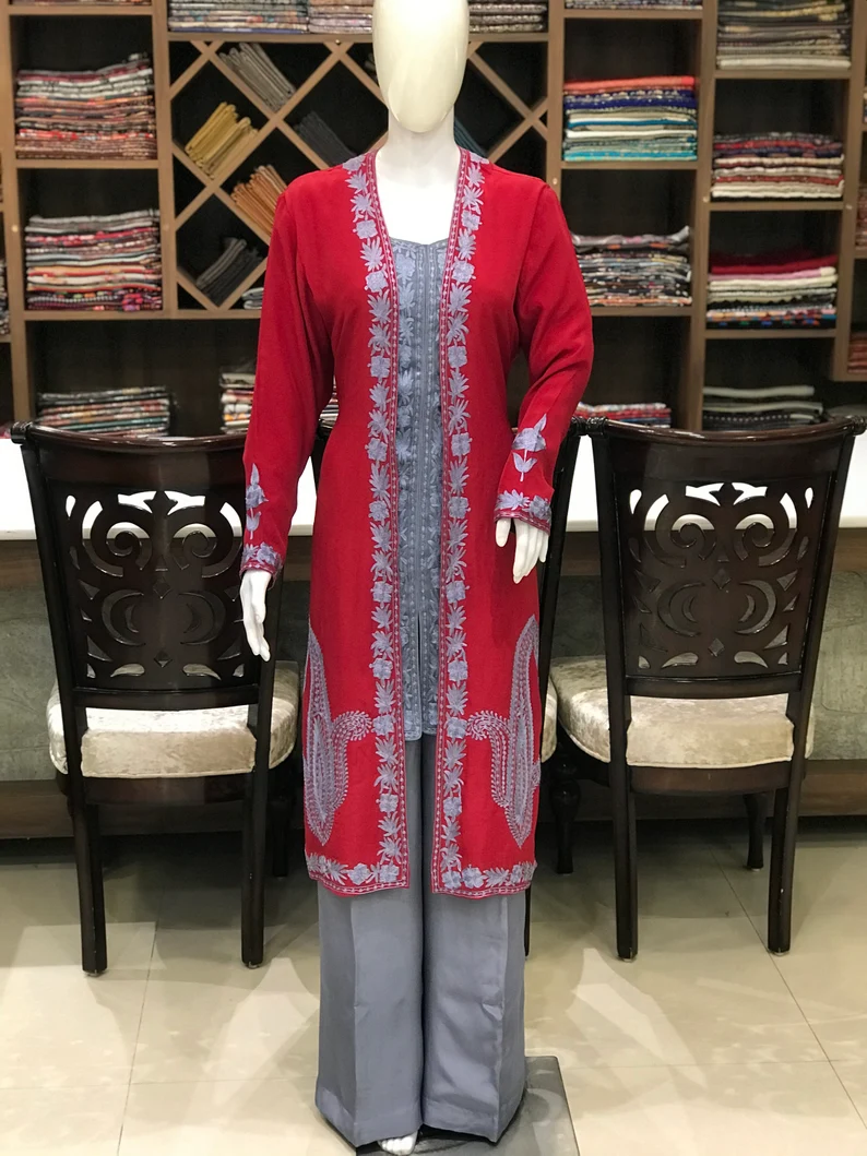 Grey and Red Silk Thread Aari Embroidered Kashmiri Dress Grey and Red Silk Thread Aari Embroidered Kashmiri Dress