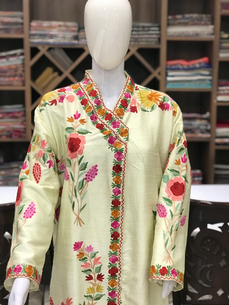 Cream Long Kashmiri Aari Embroidered Robe front Cream Long Kashmiri Aari Embroidered Robe front