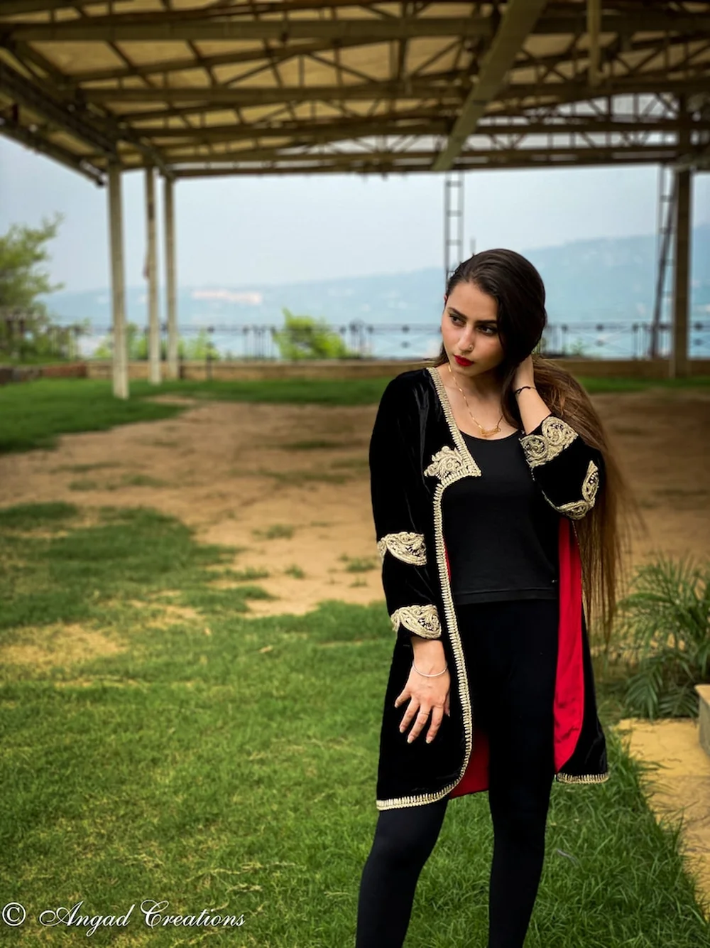 Black Front Open Style Jacket with Tilla Embroidery and Red Lining front