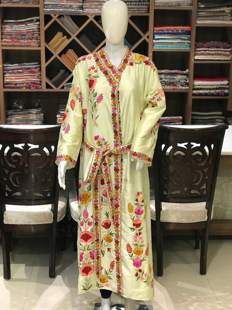 Cream Long Kashmiri Aari Embroidered Robe Cream Long Kashmiri Aari Embroidered Robe