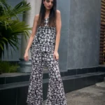 Black Floral Embroidered Camisole Top with Flared Pants front