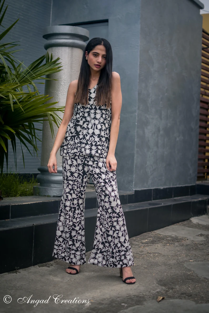 Black Floral Embroidered Camisole Top with Flared Pants front Black Floral Embroidered Camisole Top with Flared Pants front