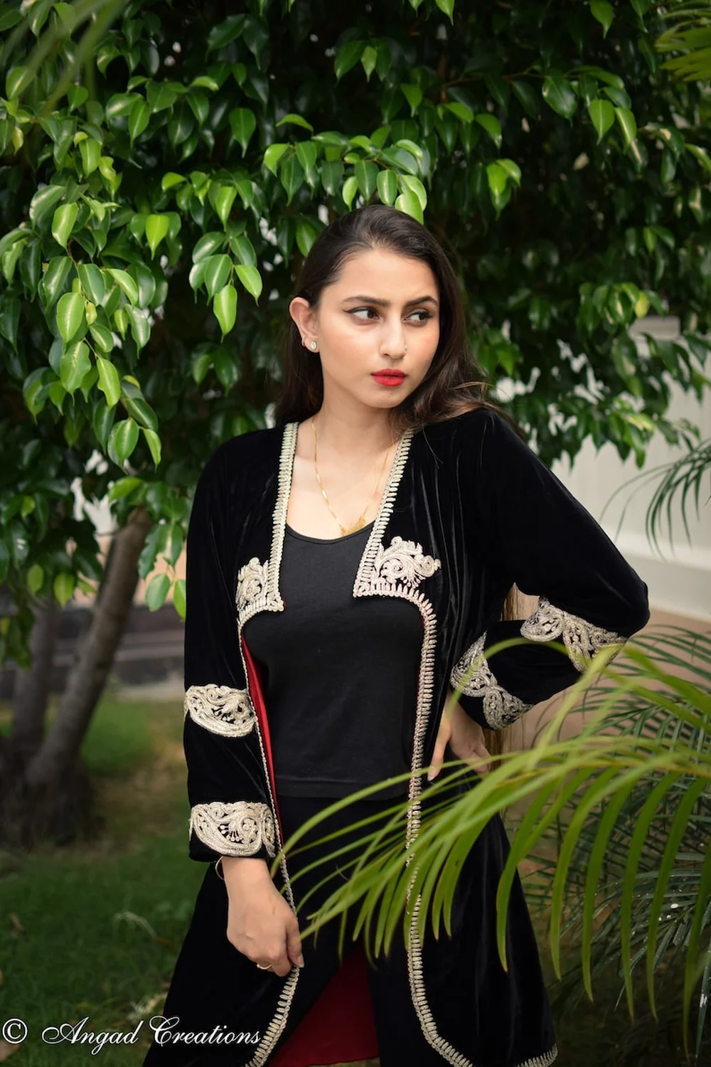 Black Front Open Style Jacket with Tilla Embroidery and Red Lining