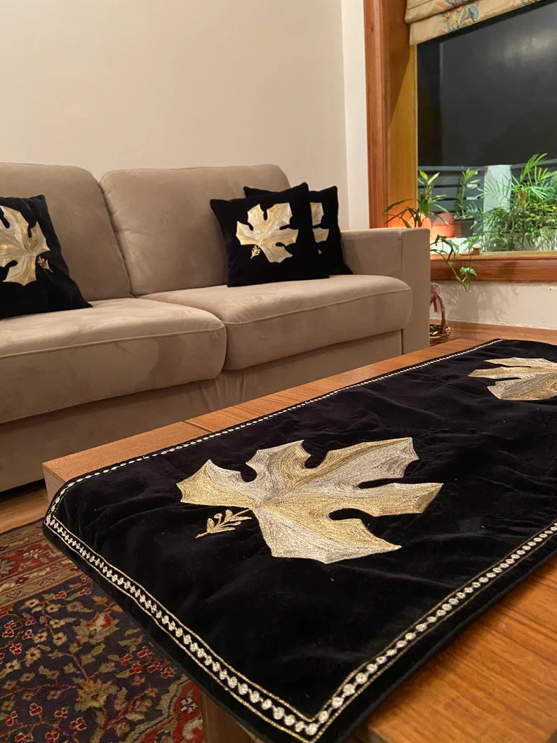 Black Velvet Table Runner and 4 Cushion Covers Set with Zari Embroidery portrait