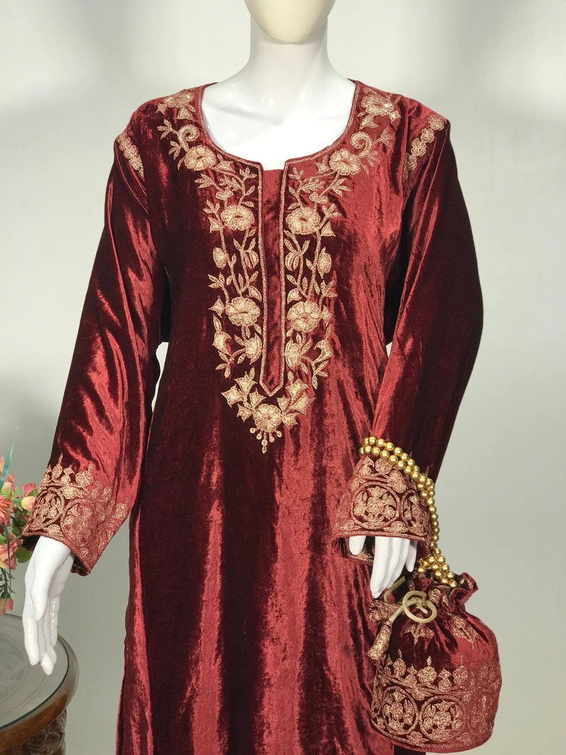 Maroon and Brown Gloss Velvet Tunic Dress with Gold Tilla Work front Maroon and Brown Gloss Velvet Tunic Dress with Gold Tilla Work front
