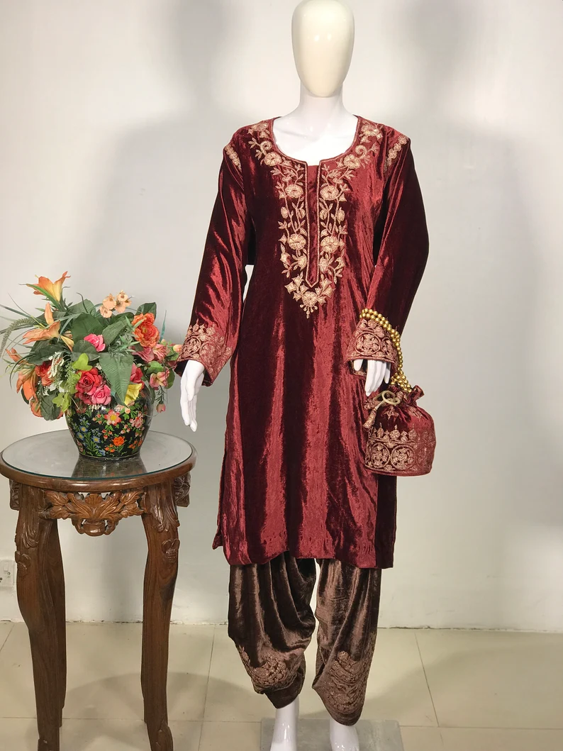 Maroon and Brown Gloss Velvet Tunic Dress with Gold Tilla Work Maroon and Brown Gloss Velvet Tunic Dress with Gold Tilla Work