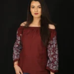 Maroon Off Shoulder Top with Embroidered Sleeves front