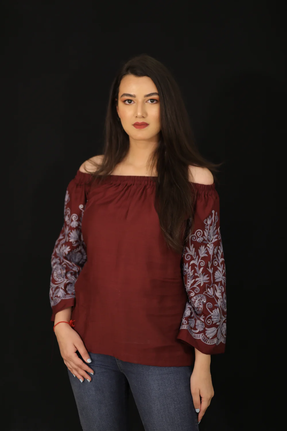 Maroon Off Shoulder Top with Embroidered Sleeves front Maroon Off Shoulder Top with Embroidered Sleeves front