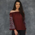 Maroon Off Shoulder Top with Embroidered Sleeves