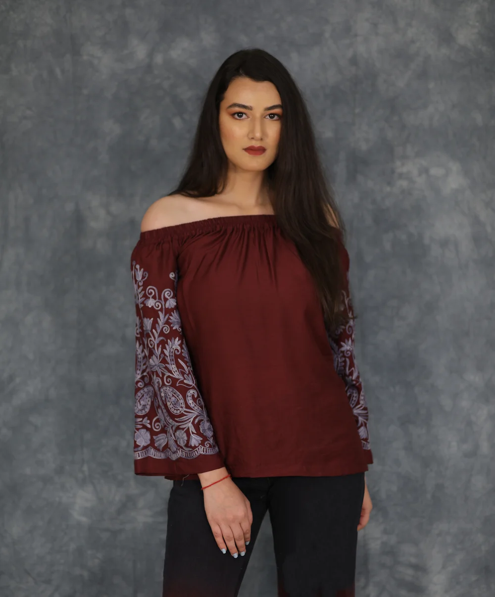 Maroon Off Shoulder Top with Embroidered Sleeves Maroon Off Shoulder Top with Embroidered Sleeves