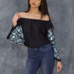 Navy Blue Off Shoulder Top with Embroidered Sleeves