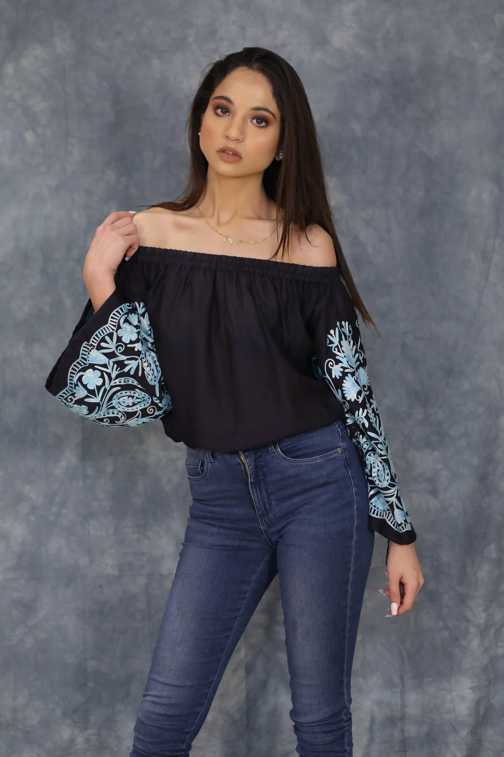 Navy Blue Off Shoulder Top with Embroidered Sleeves Navy Blue Off Shoulder Top with Embroidered Sleeves