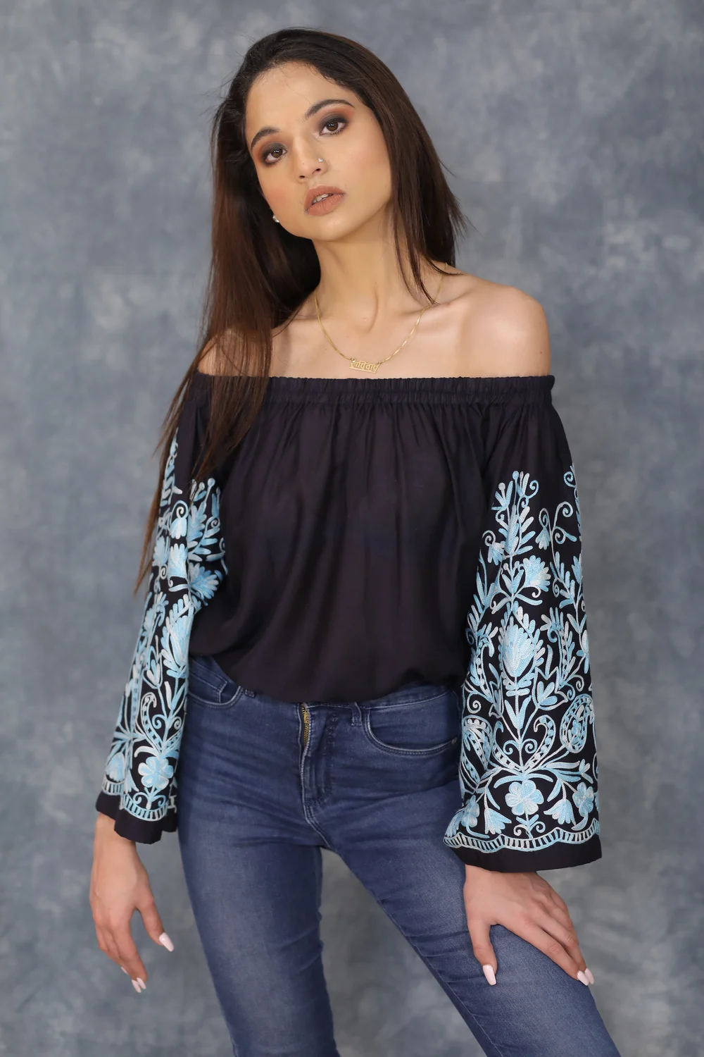 Navy Blue Off Shoulder Top with Embroidered Sleeves front Navy Blue Off Shoulder Top with Embroidered Sleeves front