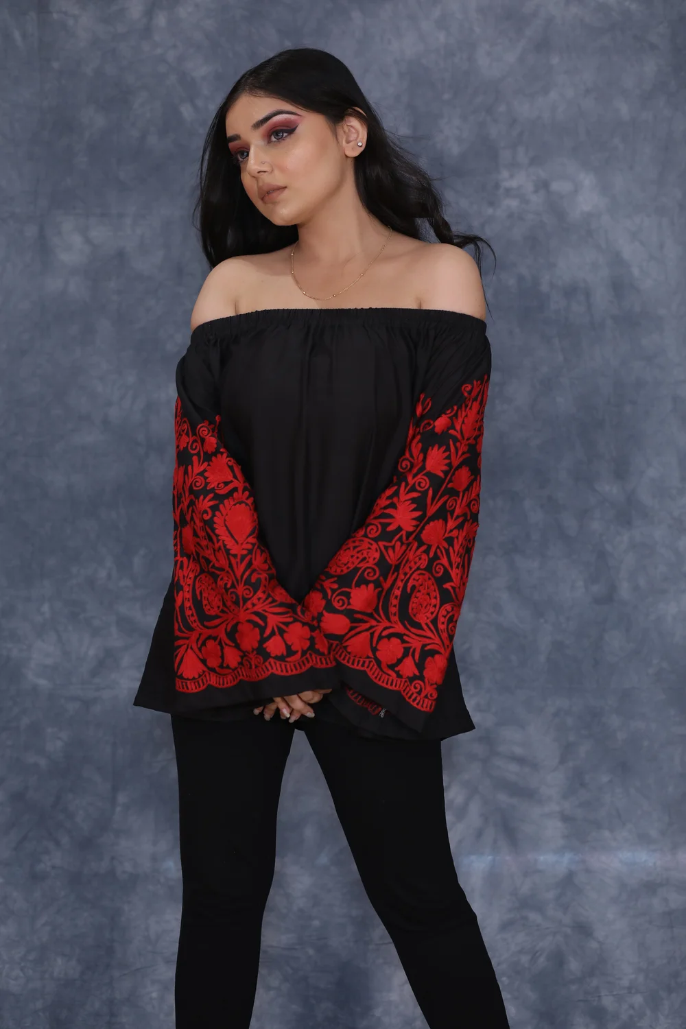 Black Off Shoulder Top with Red Embroidered Sleeves Black Off Shoulder Top with Red Embroidered Sleeves