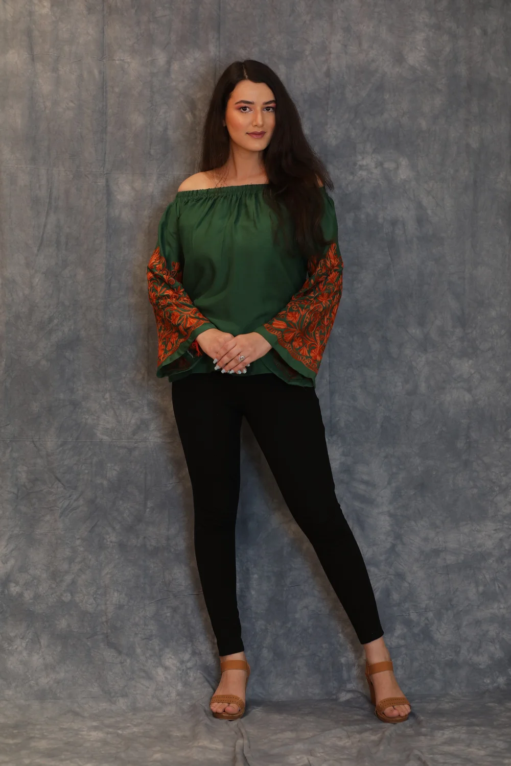 Bottle Green Off Shoulder Top with Embroidered Sleeves Bottle Green Off Shoulder Top with Embroidered Sleeves