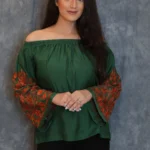 Bottle Green Off Shoulder Top with Embroidered Sleeves front
