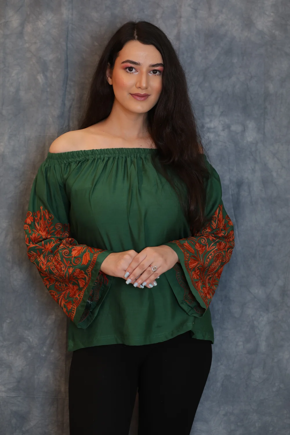 Bottle Green Off Shoulder Top with Embroidered Sleeves front Bottle Green Off Shoulder Top with Embroidered Sleeves front