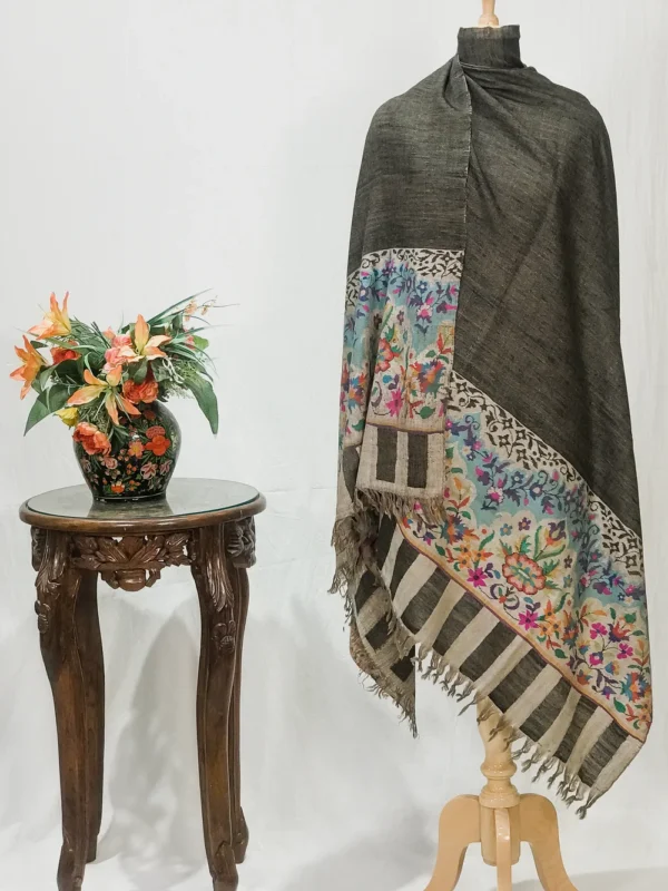 Ash Grey And Grey Pure Pashmina Reversible Shawl With Kani Hand Woven Palla
