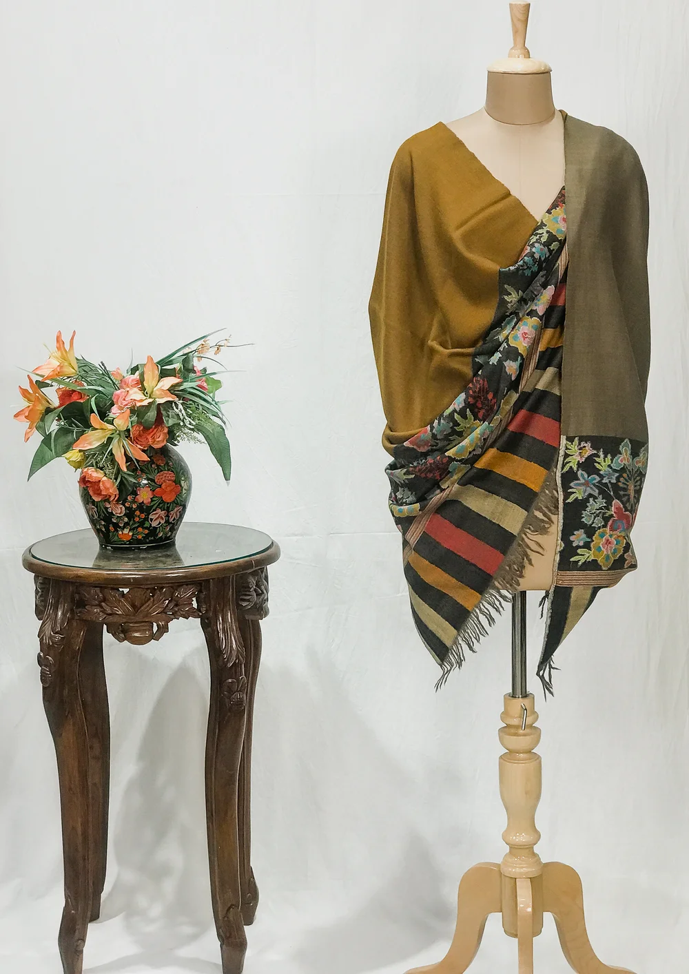 Mustard and Brown Pure Pashmina Reversible Shawl With Kani Hand Woven Palla