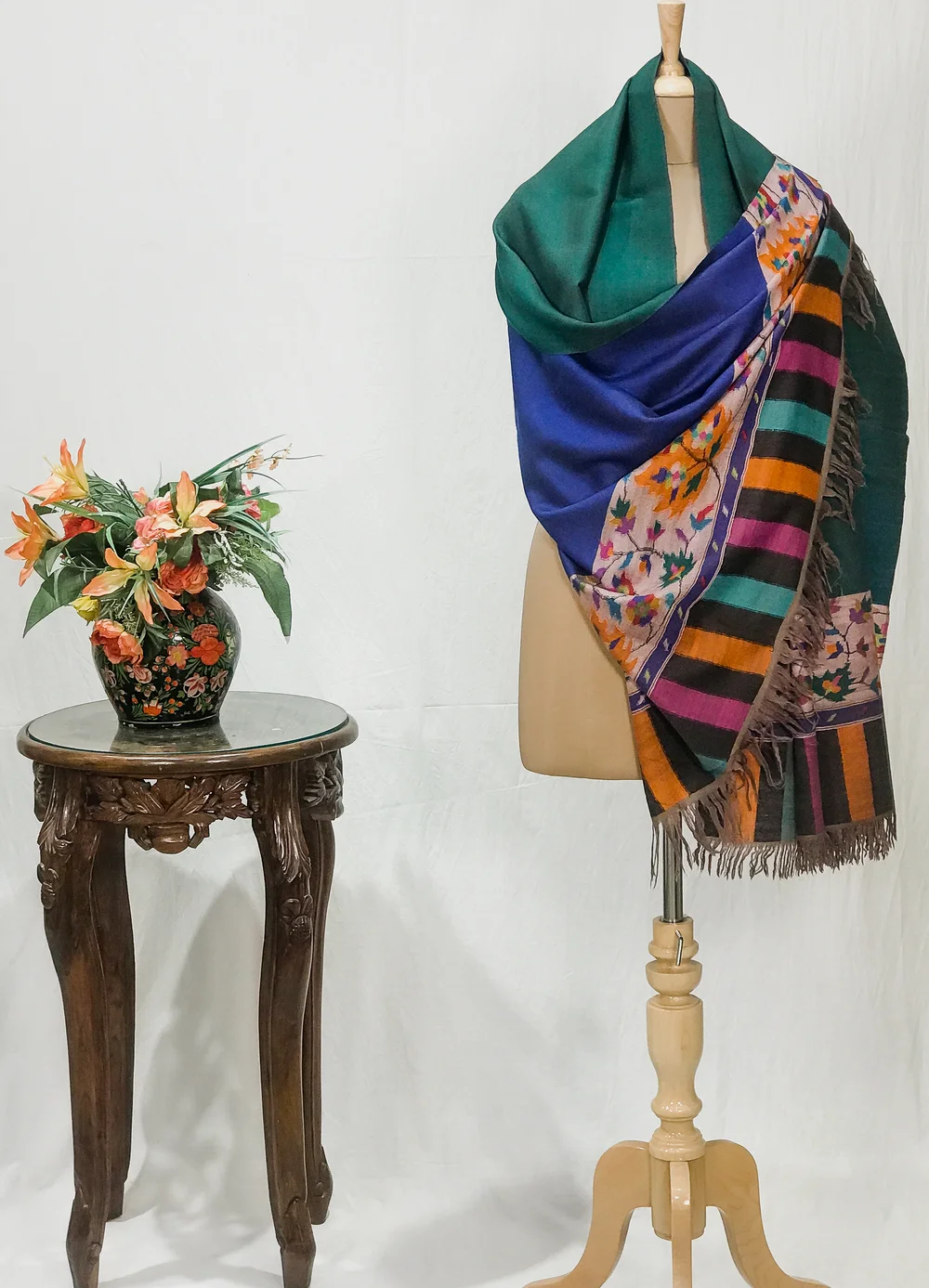 Royal Blue and Green Pure Pashmina Reversible Shawl With Kani Hand Woven Palla