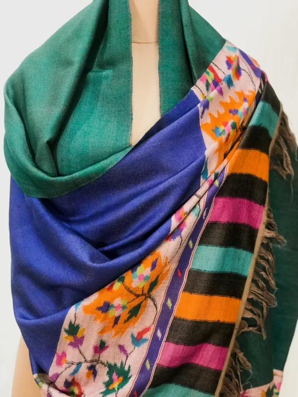 Royal Blue and Green Pure Pashmina Reversible Shawl With Kani Hand Woven Palla front