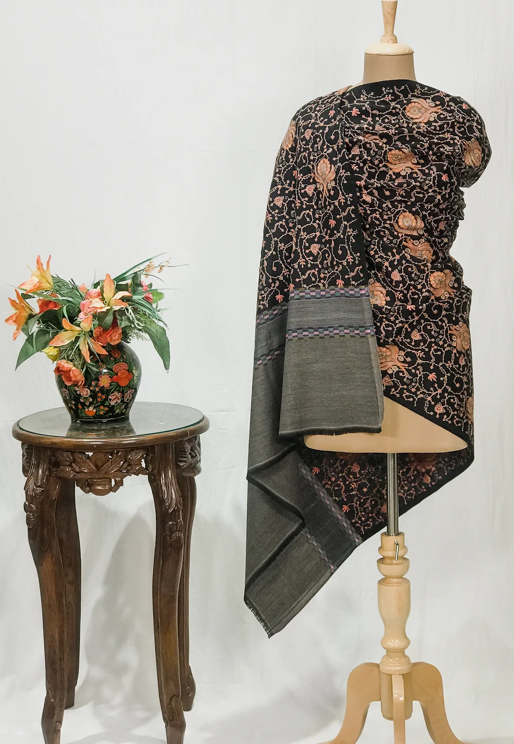 Black Pure Wool Shawl with Sozni Machine Jaal Embroidery
