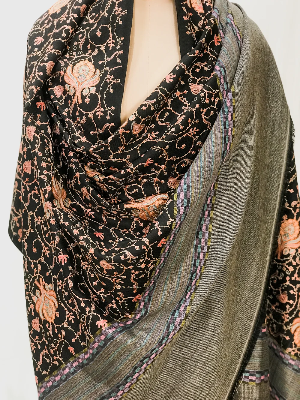 Black Pure Wool Shawl with Sozni Machine Jaal Embroidery front