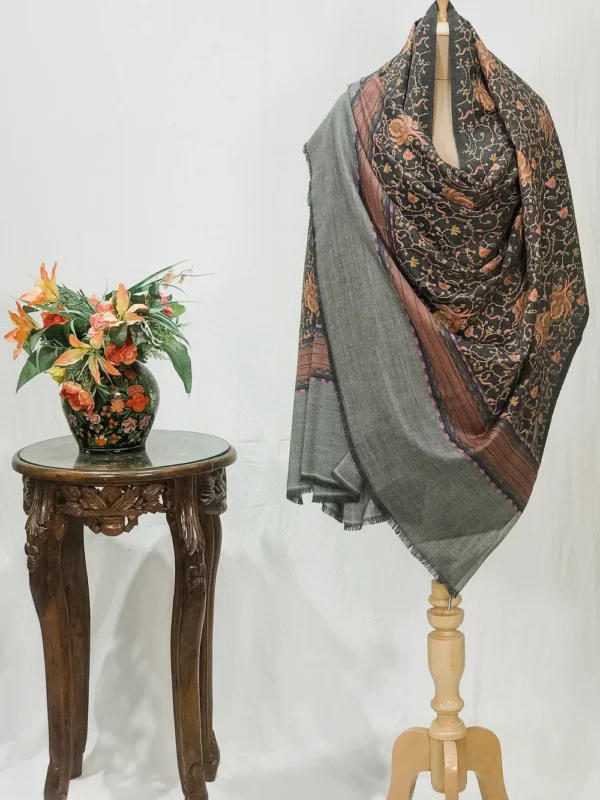 Grey Pure Wool Shawl with Sozni Machine Jaal Embroidery