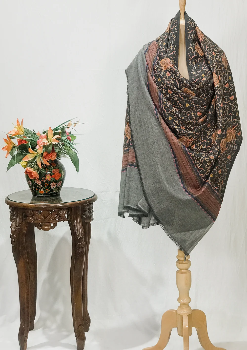 Grey Pure Wool Shawl with Sozni Machine Jaal Embroidery