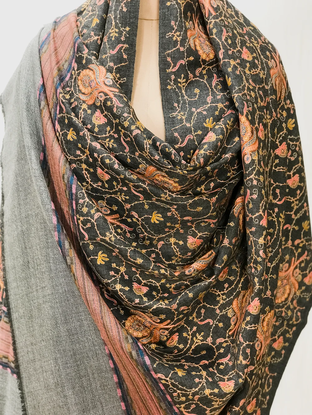 Grey Pure Wool Shawl with Sozni Machine Jaal Embroidery front