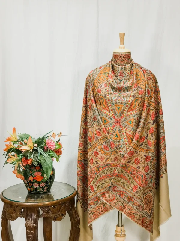 Beige Pure Wool Shawl with Sozni Machine Jama Embroidery
