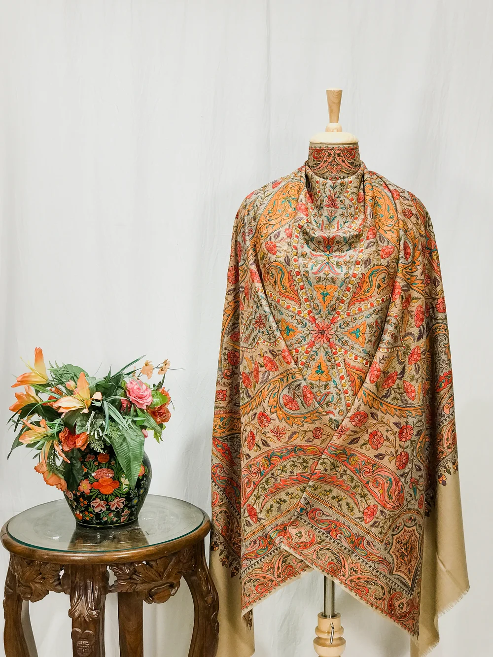Beige Pure Wool Shawl with Sozni Machine Jama Embroidery