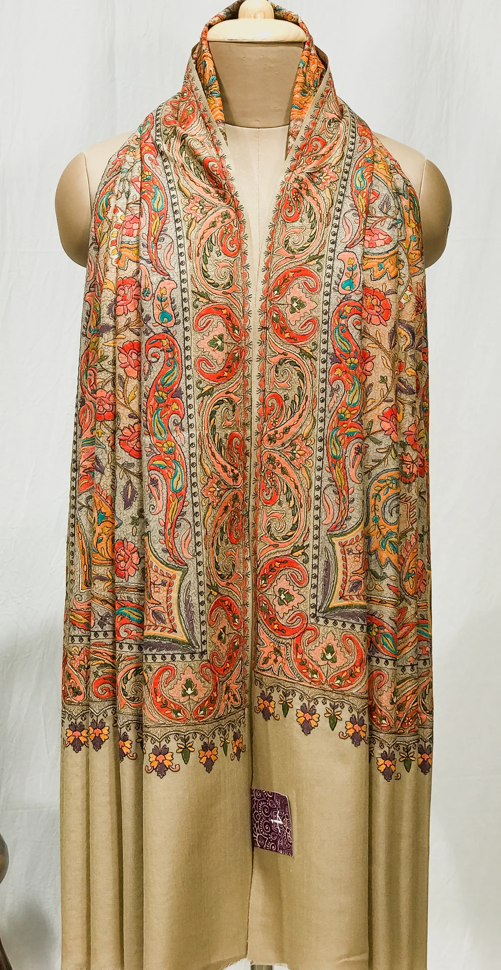 Beige Pure Wool Shawl with Sozni Machine Jama Embroidery front