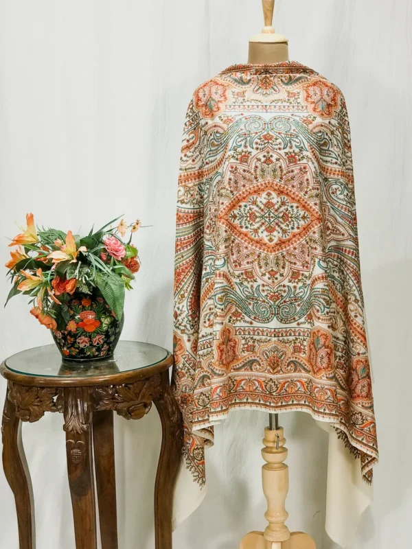 Off-White Pure Wool Shawl with Sozni Machine Jama Embroidery