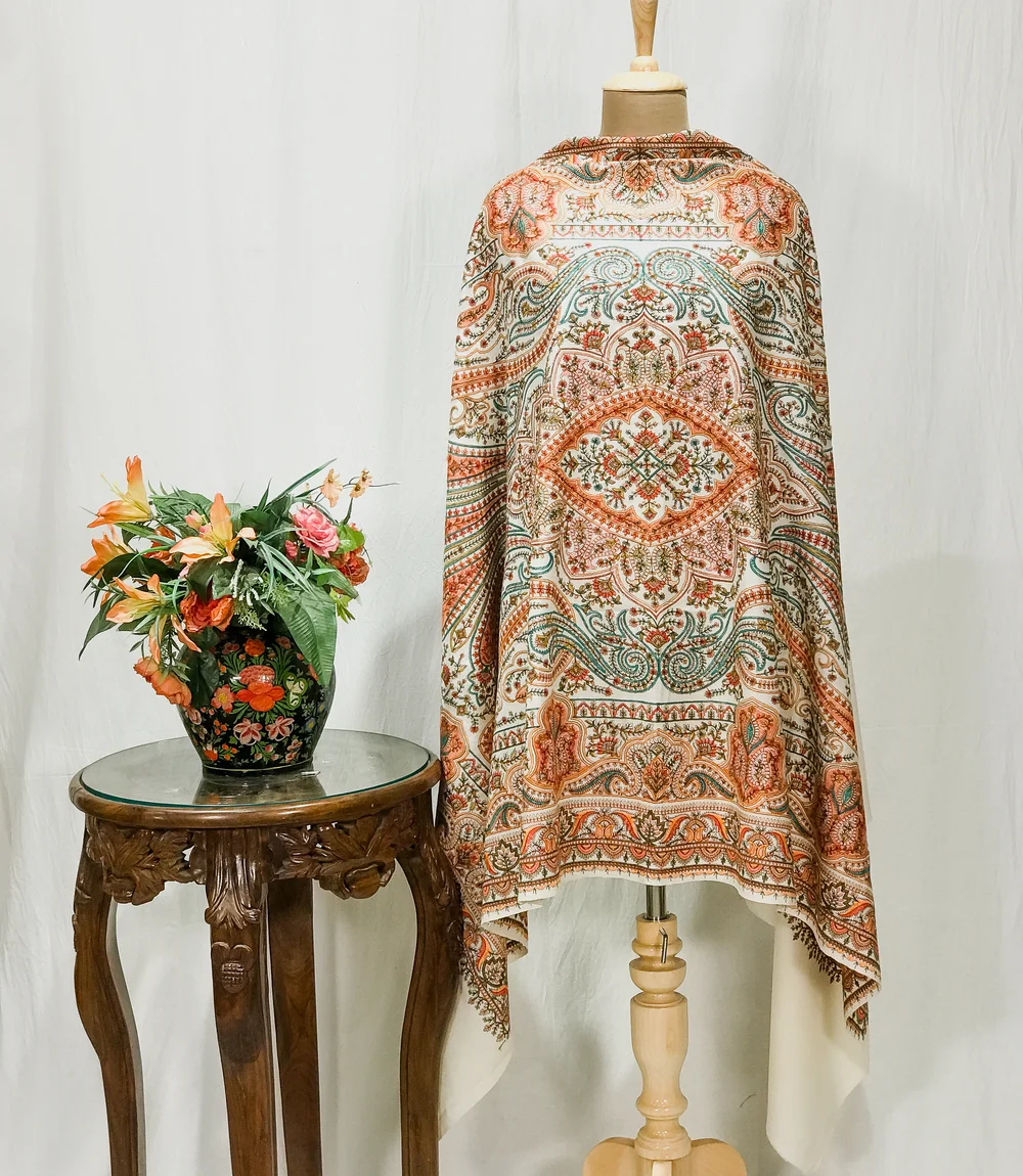 Off-White Pure Wool Shawl with Sozni Machine Jama Embroidery Off-White Pure Wool Shawl with Sozni Machine Jama Embroidery