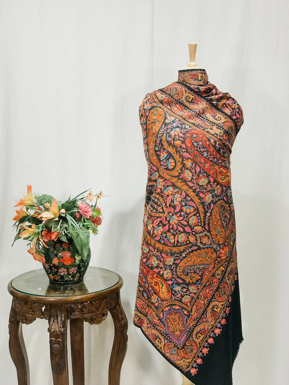 Black Pure Wool Shawl with Sozni Machine Jama Embroidery