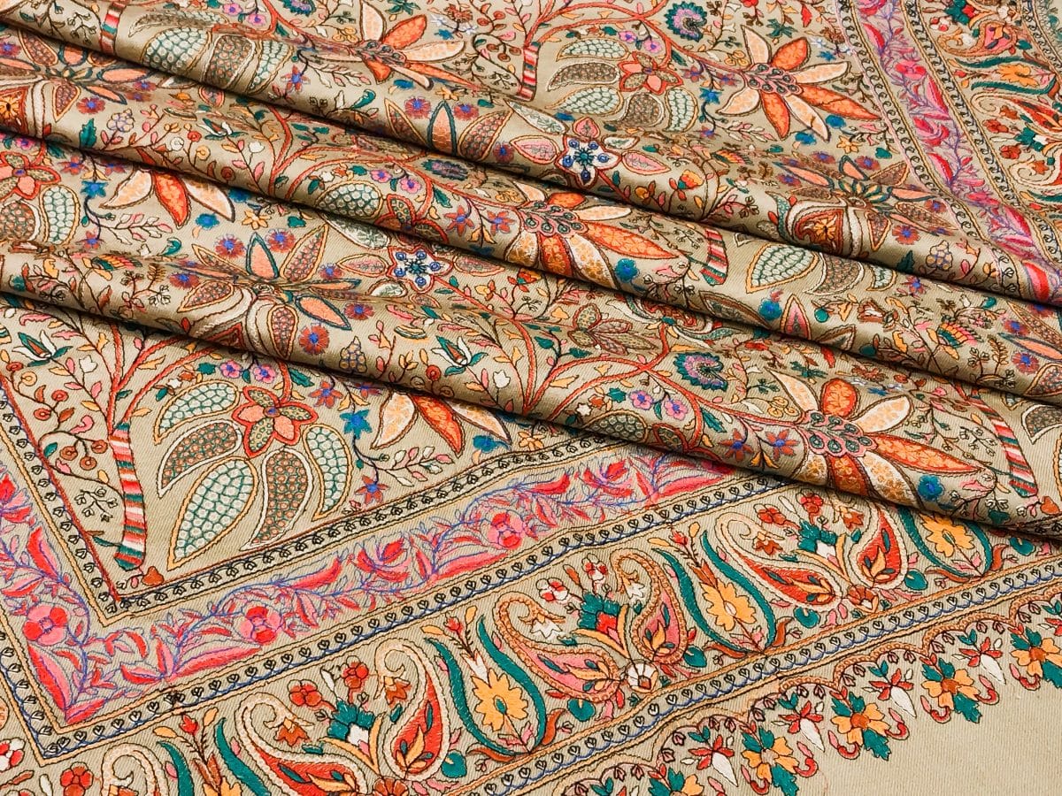Natural Pure Wool Shawl with Sozni Machine Jama Embroidery