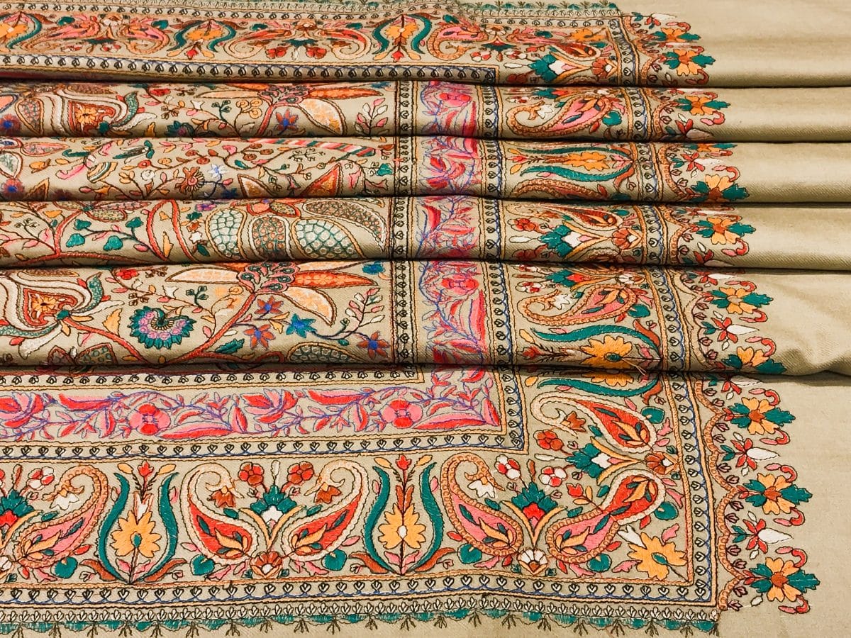 Natural Pure Wool Shawl with Sozni Machine Jama Embroidery