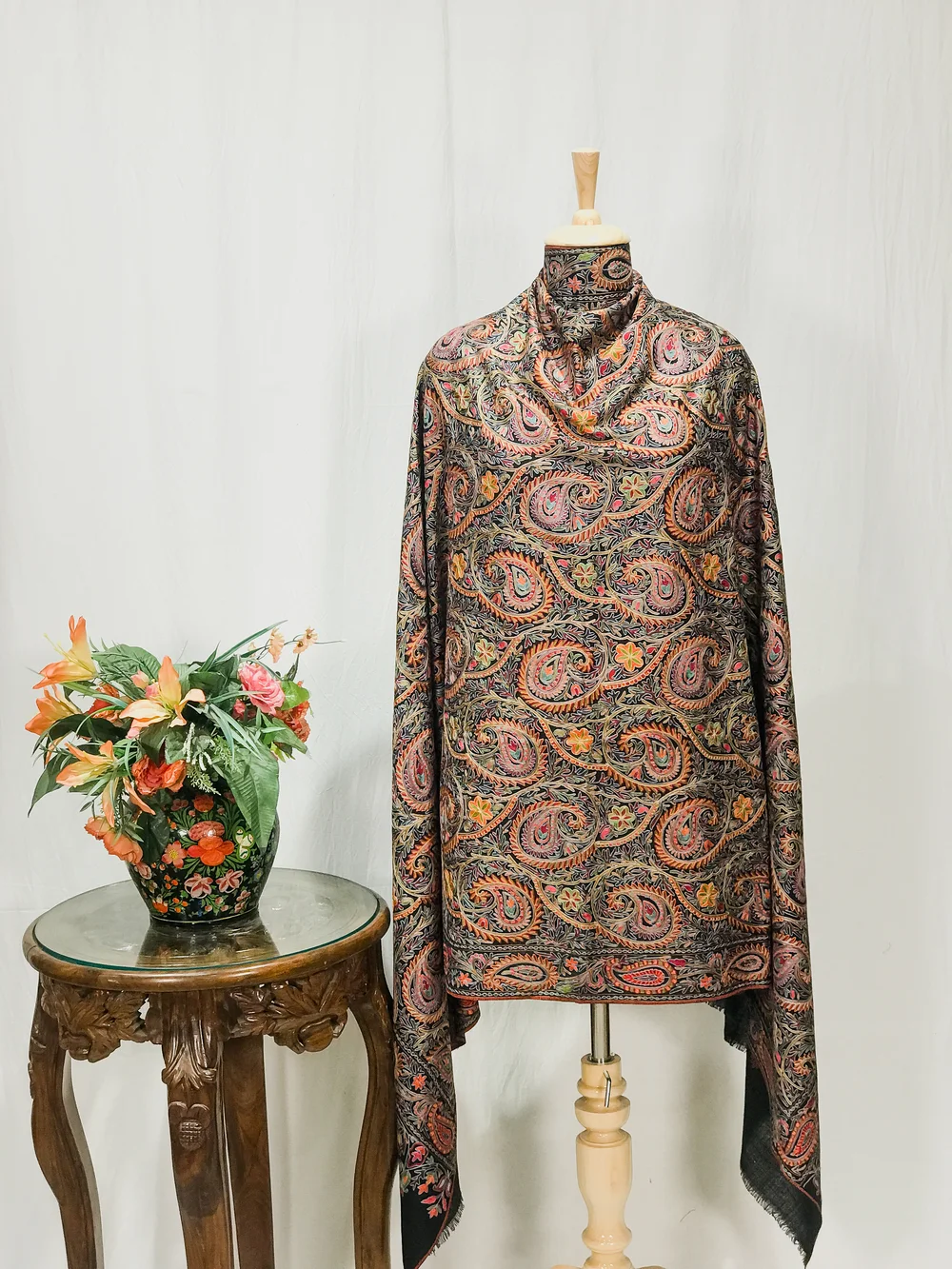 Black Natural Pure Wool Shawl with Silk Thread Aari Embroidery Black Natural Pure Wool Shawl with Silk Thread Aari Embroidery