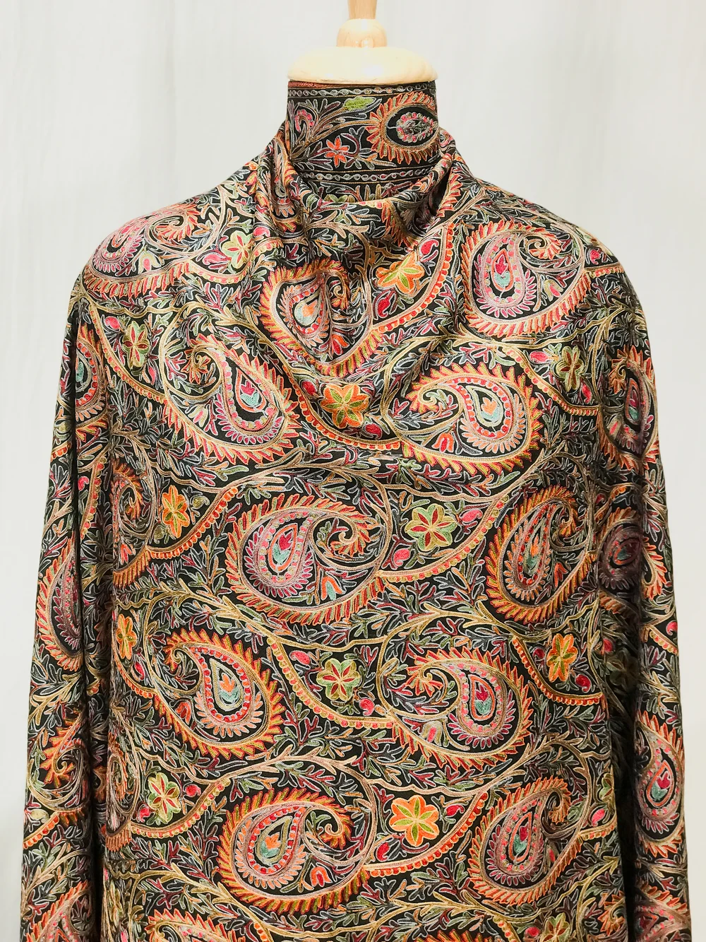 Black Natural Pure Wool Shawl with Silk Thread Aari Embroidery front Black Natural Pure Wool Shawl with Silk Thread Aari Embroidery front