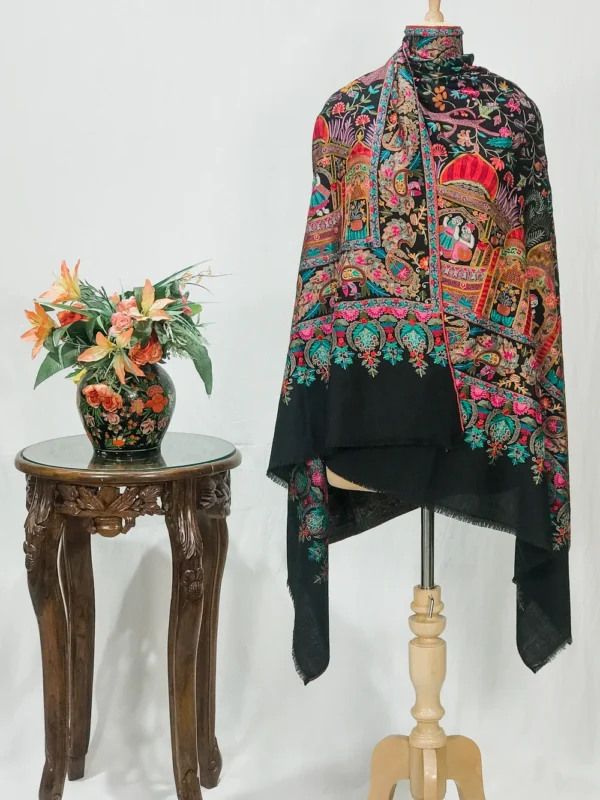 Black Fine Wool Shawl with Silk Thread Aari and Zari Jama Embroidery