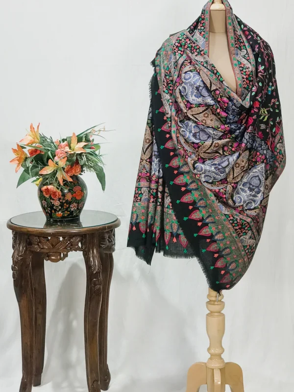 Black Fine Wool Textured Shawl with Silk Thread Aari Jama Embroidery