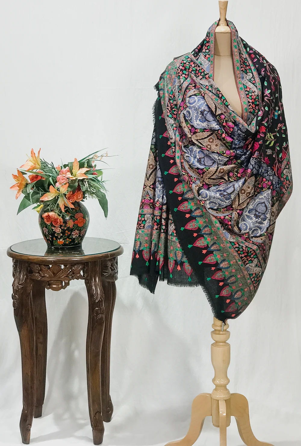 Black Fine Wool Textured Shawl with Silk Thread Aari Jama Embroidery