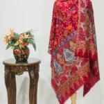 Red Fine Wool Textured Shawl with Silk Thread Aari Jama Embroidery