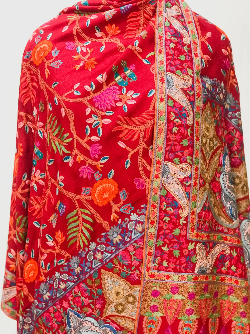 Red Fine Wool Textured Shawl with Silk Thread Aari Jama Embroidery front