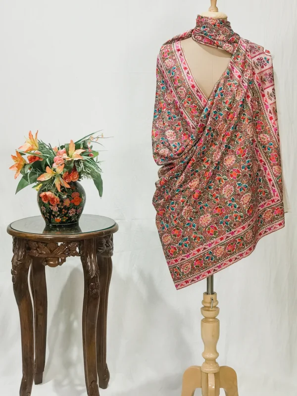 Cream Fine Wool Textured Shawl with Silk Thread Aari Jama Embroidery