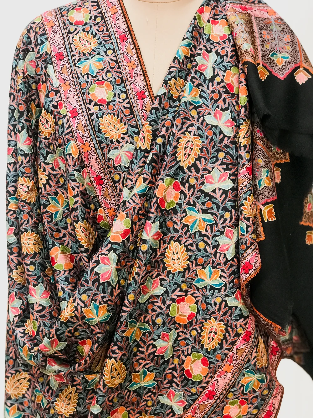 Black Fine Wool Textured Shawl with Silk Thread Aari Jama Embroidery front