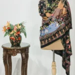 Midnight Black Fine Wool Textured Shawl with Silk Thread Aari and Zari Jama Embroidery