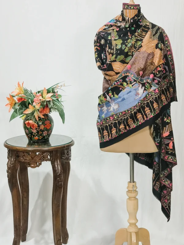 Midnight Black Fine Wool Textured Shawl with Silk Thread Aari and Zari Jama Embroidery