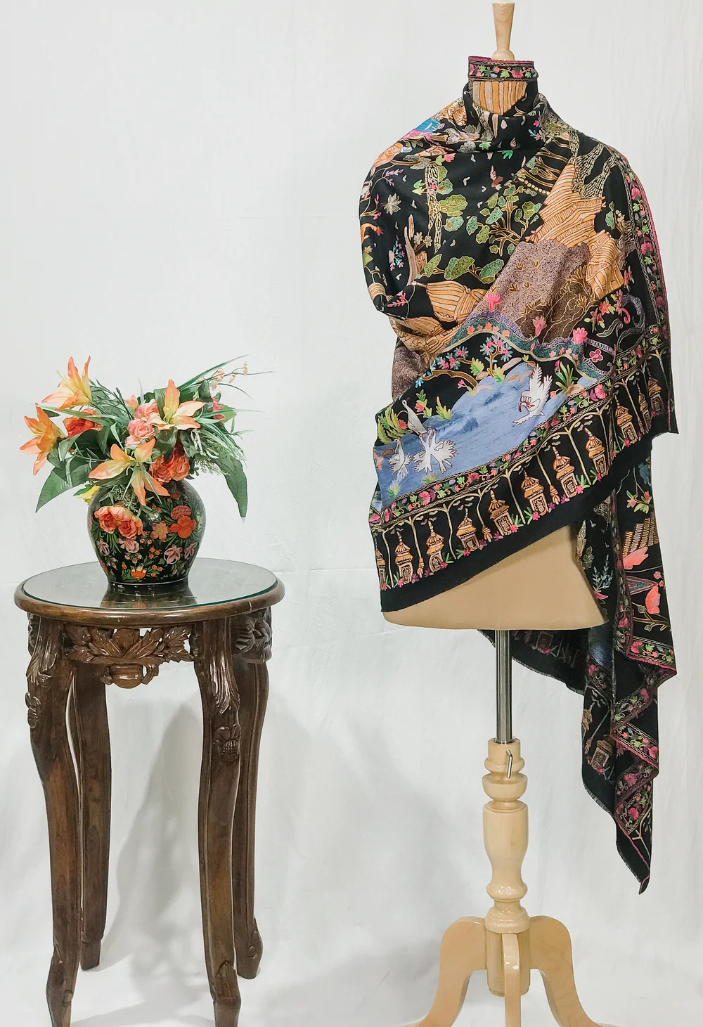 Midnight Black Fine Wool Textured Shawl with Silk Thread Aari and Zari Jama Embroidery